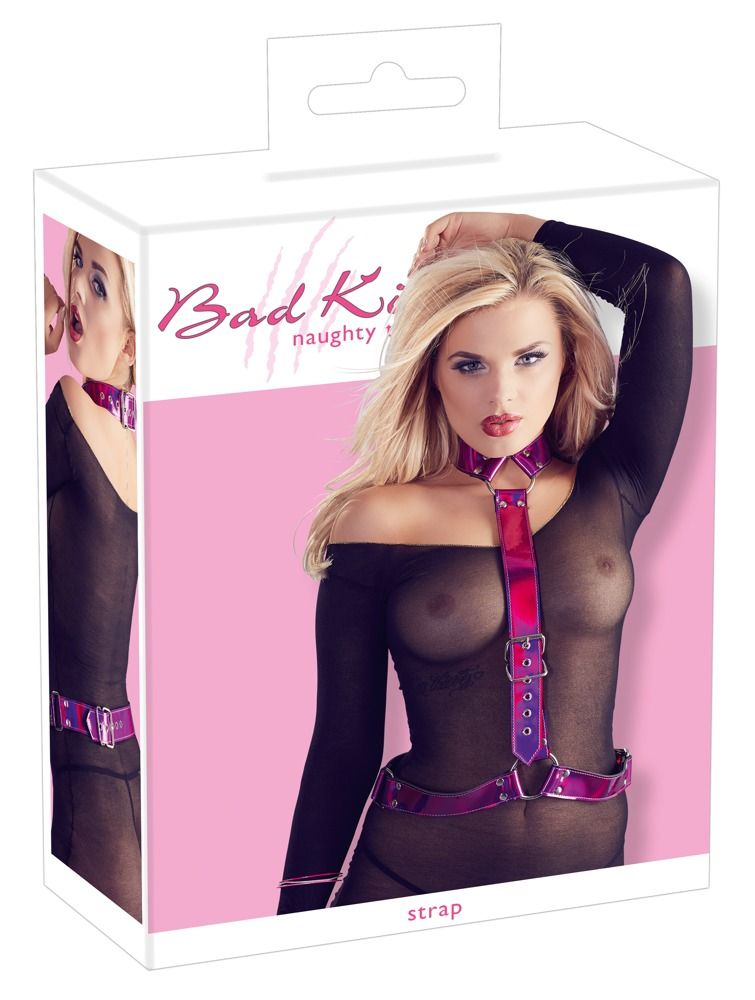 Неоново-розовая сбруя на шею и талию Bad Kitty Body Harness